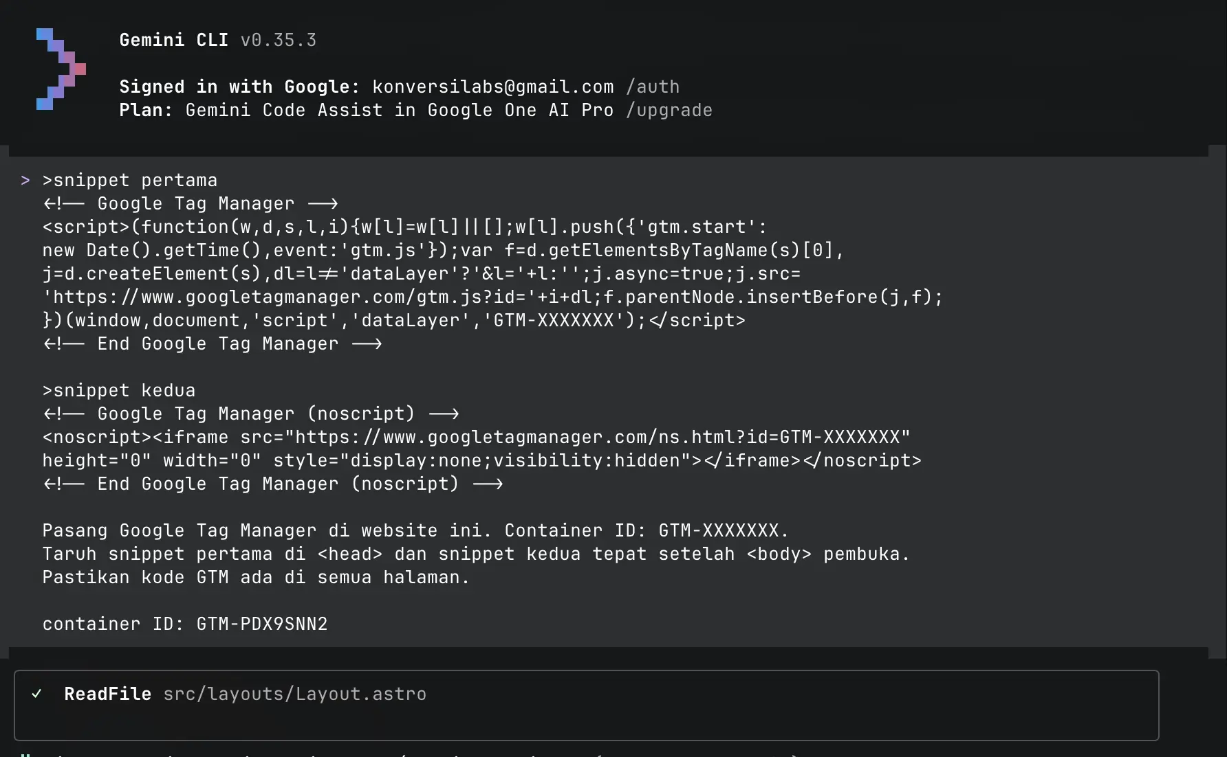 Contoh prompt AI coding tools untuk memasang GTM di website custom