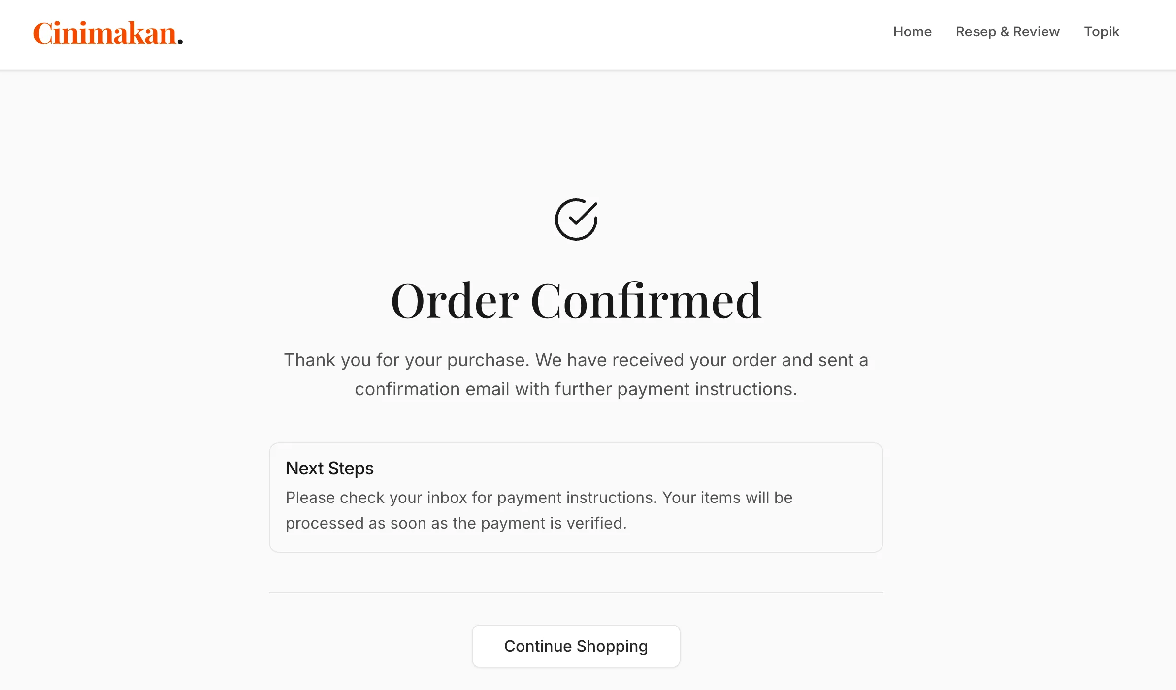 Contoh halaman pembelian berhasil di website