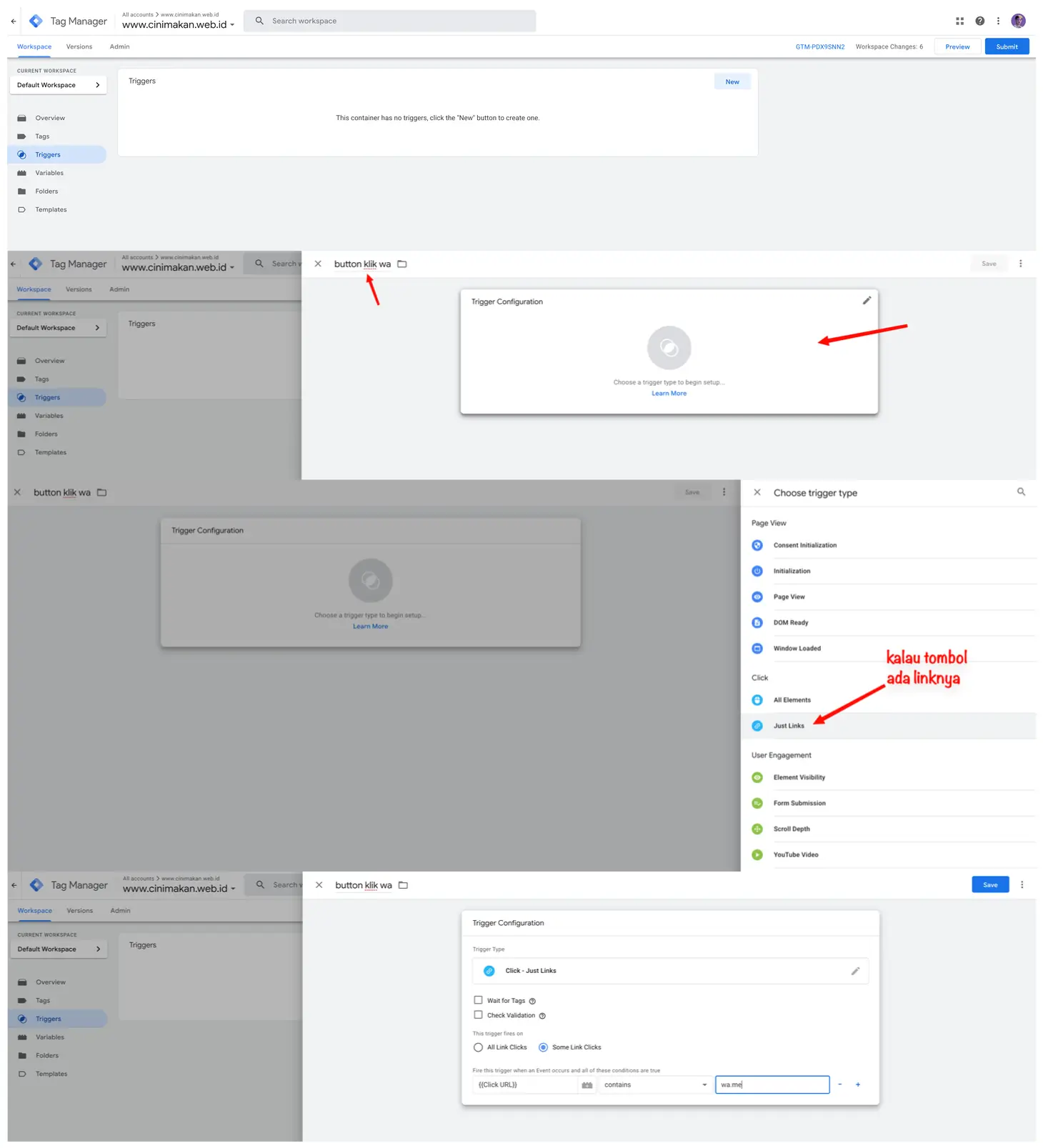 Membuat trigger Click - Just Links untuk tombol WhatsApp