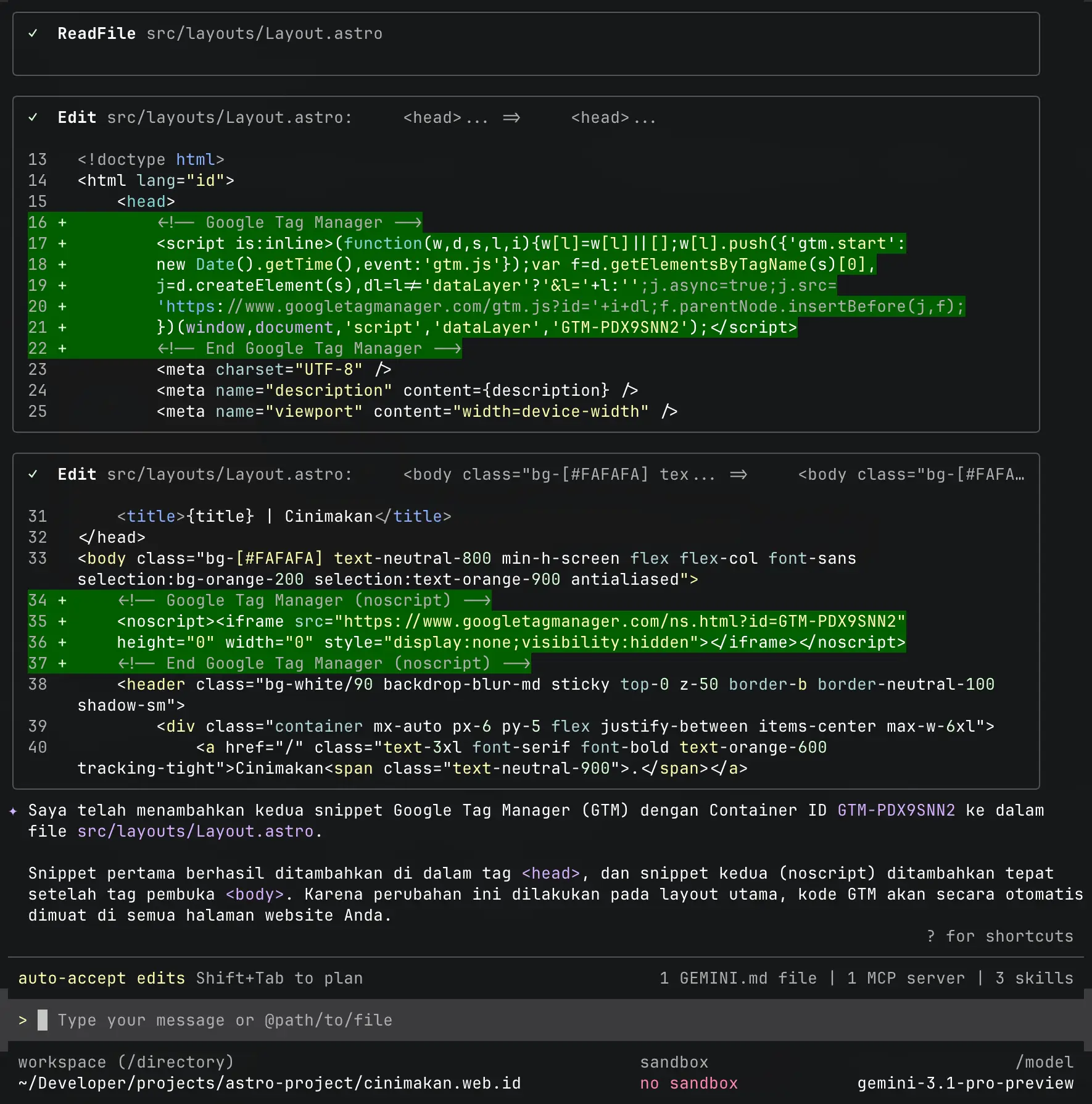 Hasil pemasangan GTM yang dilakukan oleh AI coding tools