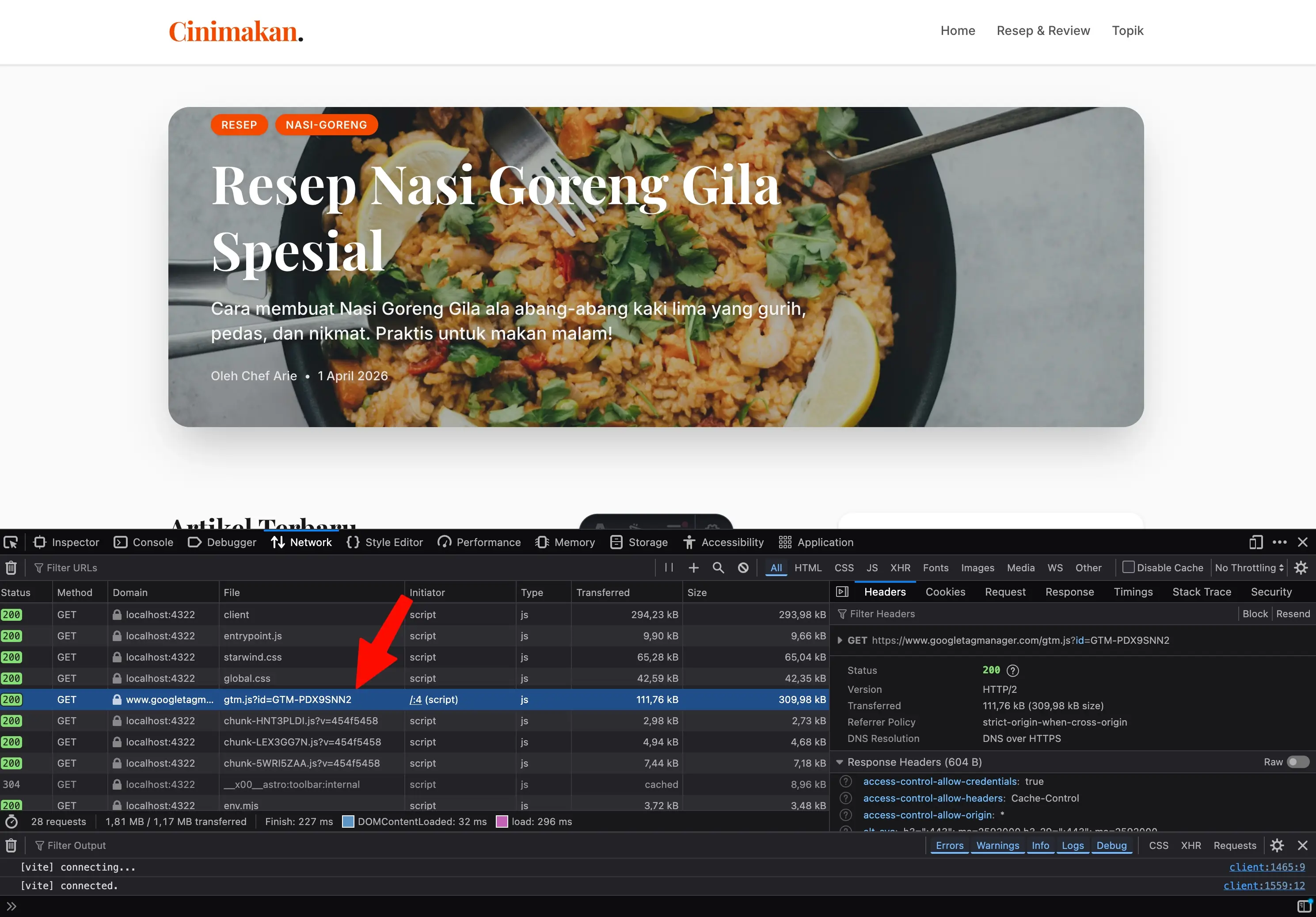 GTM berhasil termuat saat testing di localhost