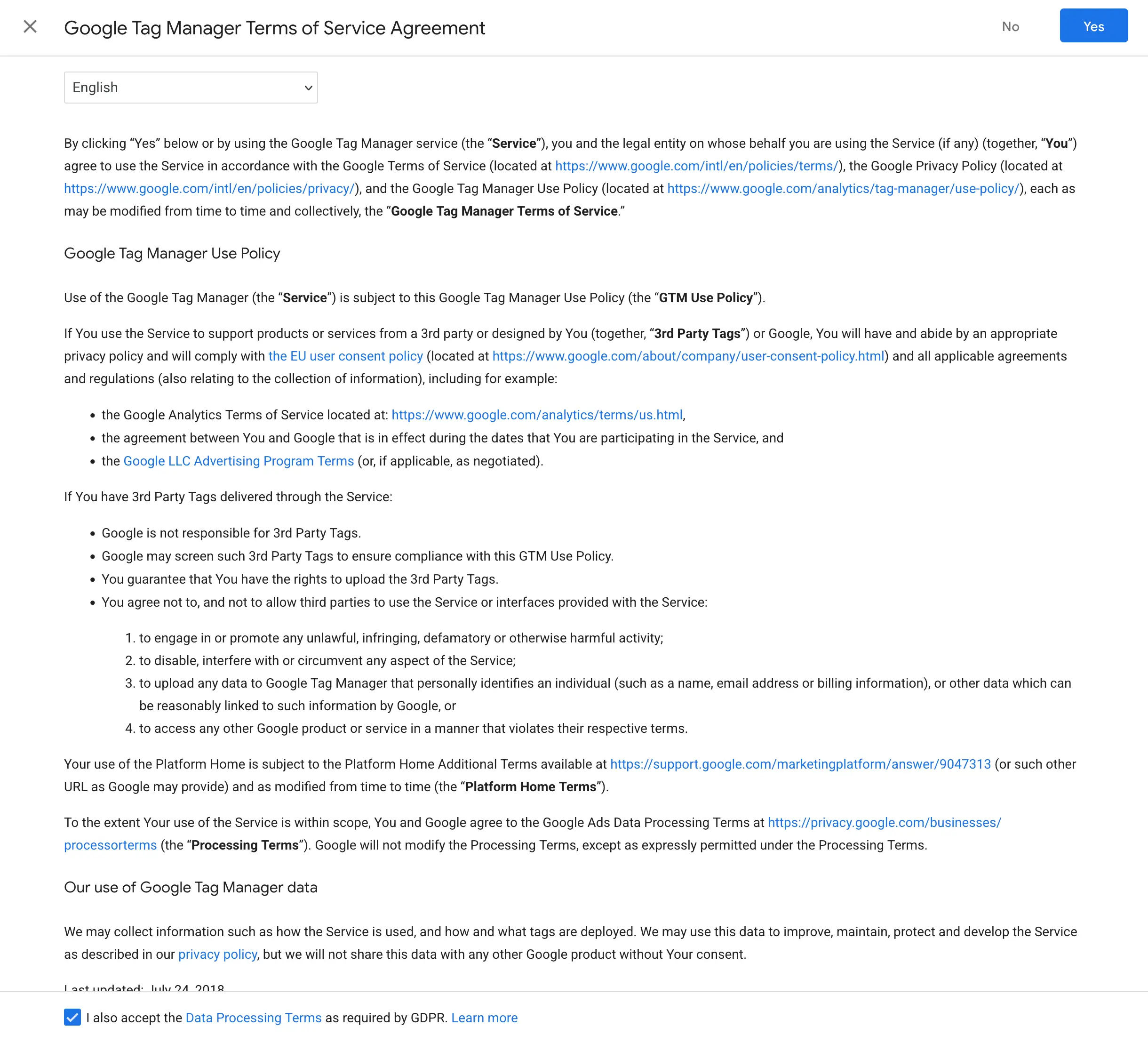 Halaman persetujuan Terms of Service GTM