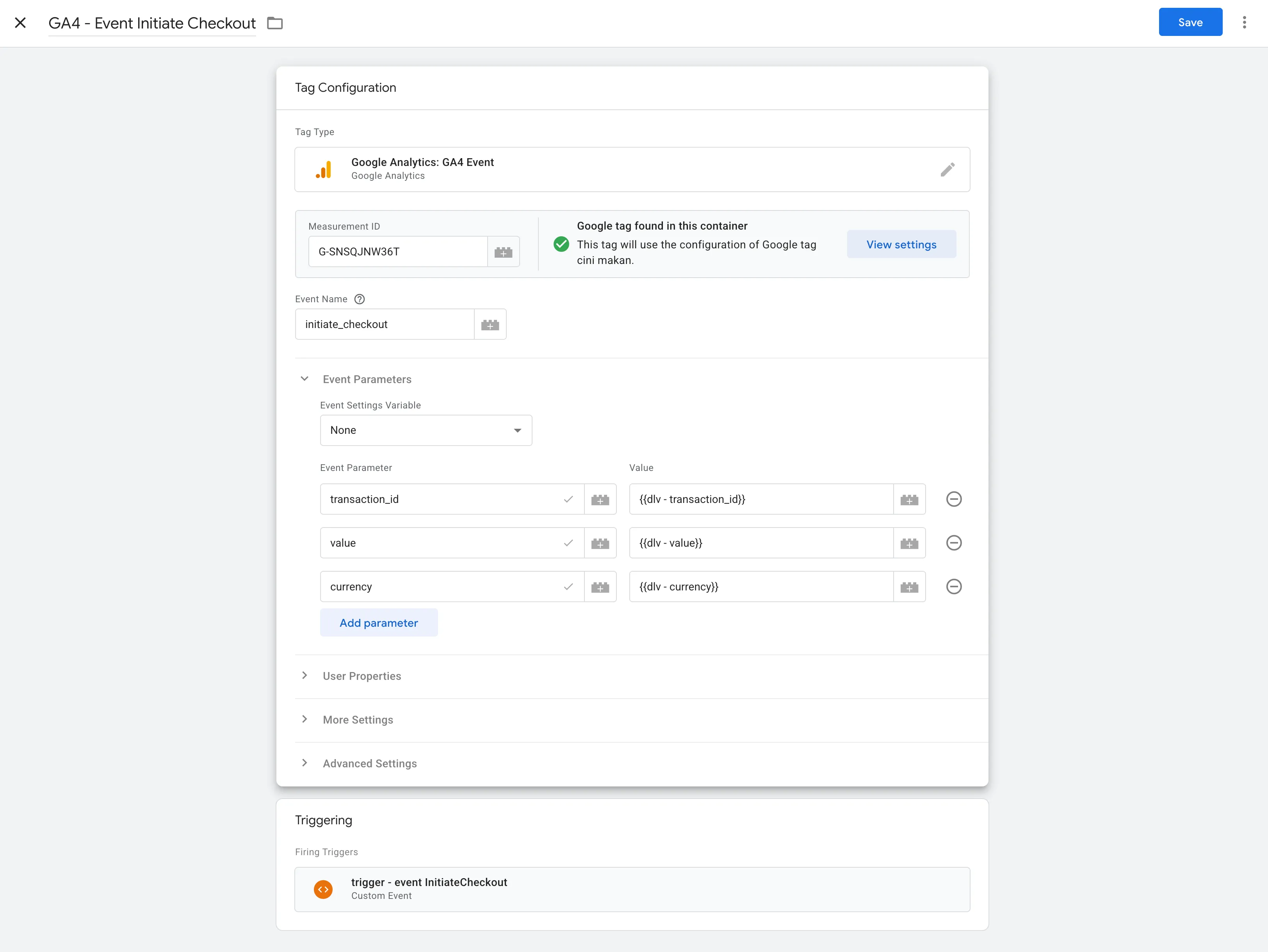 Tag GA4 Event Initiate Checkout